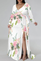 White Elegant Floral Print Lace Up Slit Contrast V Neck Printed Plus Size Dresses