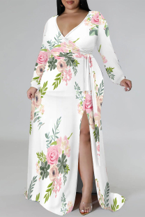 White Elegant Floral Print Lace Up Slit Contrast V Neck Printed Plus Size Dresses