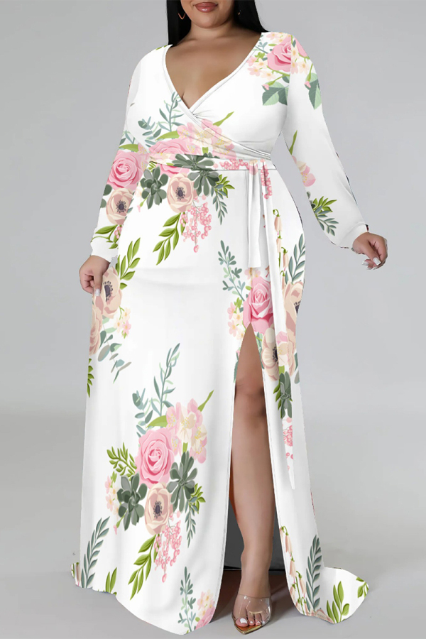 White Elegant Floral Print Lace Up Slit Contrast V Neck Printed Plus Size Dresses