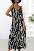 Black Gray Casual Polka Dot V Neck Printed Dresses