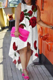 White Red Casual Street Floral Print Irregular Contrast O Neck Irregular Plus Size Dresses
