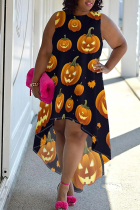 Yellow Street Print Patchwork O Neck Irregular Plus Size Dresses