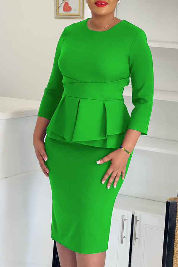 Green Elegant Solid Color Patchwork Zipper O Neck Wrapped Skirt Dresses