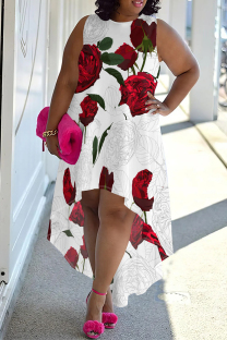 White Red Casual Street Floral Print Irregular Contrast O Neck Irregular Plus Size Dresses