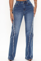 The cowboy blue Street Solid Color Buttons Patchwork Zipper High Waist Regular Denim Jeans