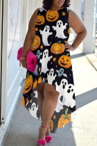 Black Street Print Patchwork O Neck Irregular Plus Size Dresses