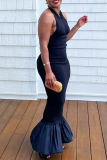 Black Sexy Solid Color Patchwork Backless Halter Long Dresses
