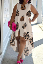 Apricot Street Print Patchwork O Neck Irregular Plus Size Dresses