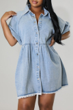 Blue Street Solid Color Buckle Patchwork Turndown Collar Short Sleeve Loose Denim Dresses