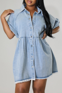 Blue Street Solid Color Buckle Patchwork Turndown Collar Short Sleeve Loose Denim Dresses