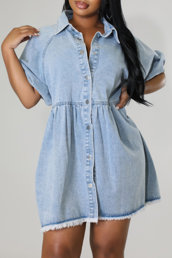Blue Street Solid Color Buckle Patchwork Turndown Collar Short Sleeve Loose Denim Dresses