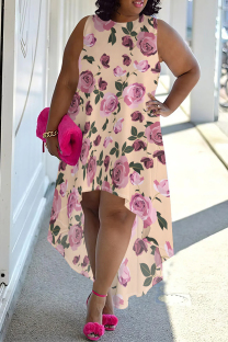 Pink Casual Street Floral Print Irregular Contrast O Neck Irregular Plus Size Dresses