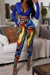Blue Casual Print Patchwork Cross Straps V Neck Long Sleeve Two Pieces