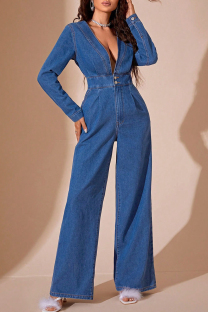 Deep Blue Street Solid Color Buttons Patchwork Deep V Neck Long Sleeve High Waist Loose Denim Jumpsuits