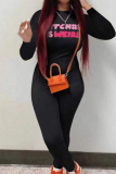 Black Orange Casual Letters Patchwork O Neck Skinny Jumpsuits