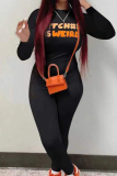 Black Orange Casual Letters Patchwork O Neck Skinny Jumpsuits