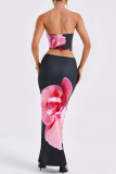 Black Sexy Print Patchwork Backless Strapless Sleeveless Two Pieces