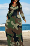 Camouflage Yellow Casual Camouflage Print Patchwork O Neck Long Dresses