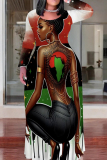 Khaki Casual Print Patchwork O Neck Long Plus Size Dresses