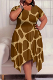 Green Brown Casual Print Patchwork O Neck Irregular Plus Size Dresses