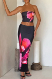 Black Sexy Print Patchwork Backless Strapless Sleeveless Two Pieces