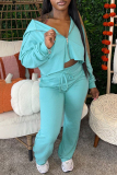 Blue Casual Solid Color Pocket Lace Up Patchwork Zipper Zipper Collar Long Sleeve Two Pieces