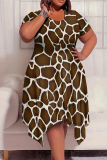 Green Brown Casual Print Patchwork O Neck Irregular Plus Size Dresses