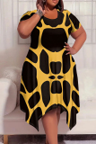 Green Brown Casual Print Patchwork O Neck Irregular Plus Size Dresses
