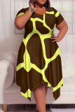 Green Brown Casual Print Patchwork O Neck Irregular Plus Size Dresses