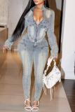 Light Blue Street Solid Color Pocket Buttons Patchwork Zipper Zipper Collar Long Sleeve Two Pieces