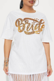 White Casual Letters Fringed Trim Sequins Patchwork O Neck Straight Dresses