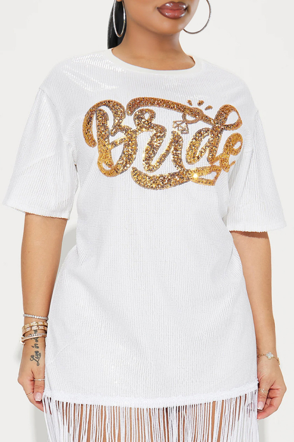 White Casual Letters Fringed Trim Sequins Patchwork O Neck Straight Dresses