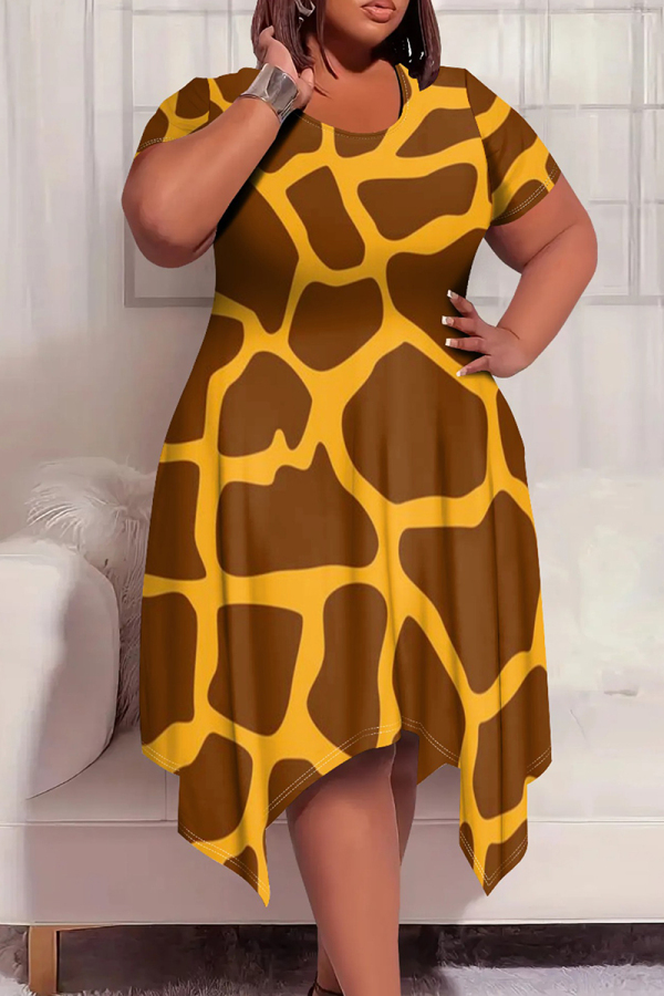 Yellow Brown Casual Print Patchwork O Neck Irregular Plus Size Dresses