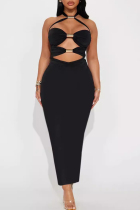 Black Sexy Solid Color Hollow Out Patchwork Backless Halter Long Dresses