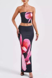 Black Sexy Print Patchwork Backless Strapless Sleeveless Two Pieces