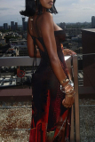 Brown Sexy Print Patchwork Backless High Slit Spaghetti Strap Sling Dresses