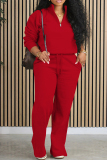 Pink Casual Solid Color Draw String Pocket Patchwork Zipper Zipper Collar Long Sleeve Two Pieces