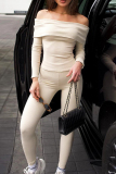 Apricot Casual Solid Color Patchwork Backless Off Shoulder Long Sleeve Two Pieces