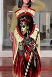 Khaki Casual Print Patchwork O Neck Long Plus Size Dresses