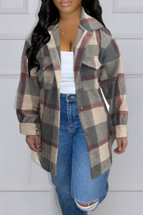 Dark Gray Casual Plaid Pocket Buckle Patchwork Turndown Collar Outerwear