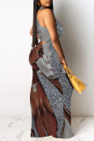 Silver Sexy Geometric Print Map Printing Hollow Out Contrast O Neck One Step Skirt Dresses