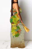 Silver Sexy Geometric Print Map Printing Hollow Out Contrast O Neck One Step Skirt Dresses