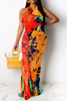 Orange Red Sexy Geometric Print Map Printing Hollow Out Contrast O Neck One Step Skirt Dresses