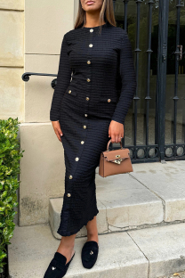 Black Elegant Solid Color Buckle Patchwork O Neck Long Dresses