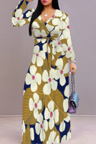 Yellow Elegant Print Patchwork Strap Design V Neck Long Dresses