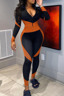 Orange Casual Patchwork Zipper Contrast Zipper Collar Plus Size Two Pieces