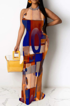 Colour Sexy Geometric Print Map Printing Hollow Out Contrast O Neck One Step Skirt Dresses