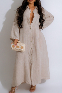 Apricot Casual Solid Color Buckle Patchwork Turndown Collar Long Dresses