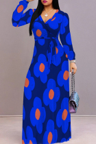 Blue Elegant Print Patchwork Strap Design V Neck Long Dresses