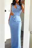 Blue Elegant Solid Color Hollow Out Patchwork Backless Spaghetti Strap Sling Dresses